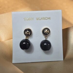 Tory Klein Black and Gold Logo Drop Earrings